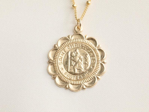 Saint Christopher Medallion Necklace Flower