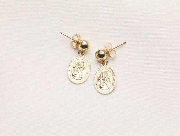 Saint Christopher Gold Medallion Stud Earrings