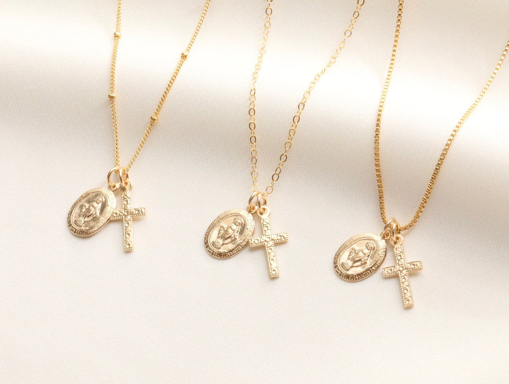 Virgin mary and sale cross gold necklace