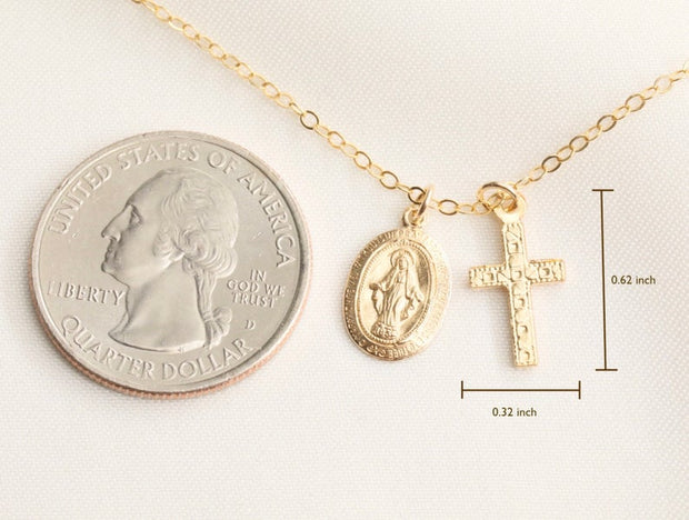 Tiny Religious Virgin Mary With Cross Necklace