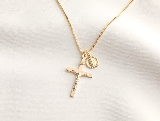 Jesus Crucifix with Guadalupe Charm Necklace