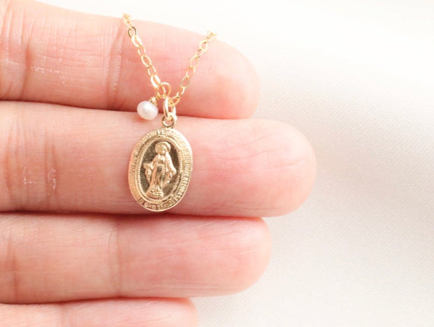 Tiny Virgin Mary with Pearl Necklace